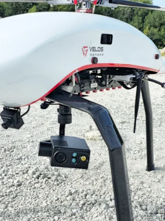 Gremsy VIO F1 EO-IR camera attached to Velos V3 UAV helicopter