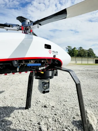 NextVision Raptor EO-IR camera payload attached to Velos V3 UAV helicopter