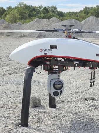 Trillium HD 55 EO-IR camera payload attached to Velos V3 UAV helicopter