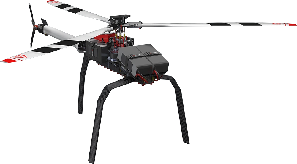 Velos V3 UAV helicopter with canopy removed, showing internal mechanical components and dual motor system