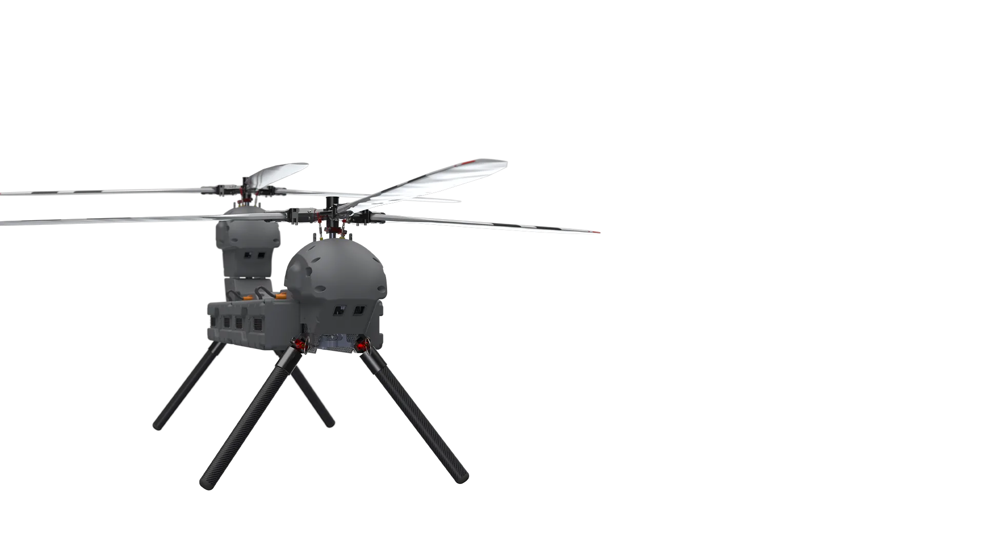 Black V-Twin Kratos UAV helicopter with dual synchronized rotors and heavy lift capability